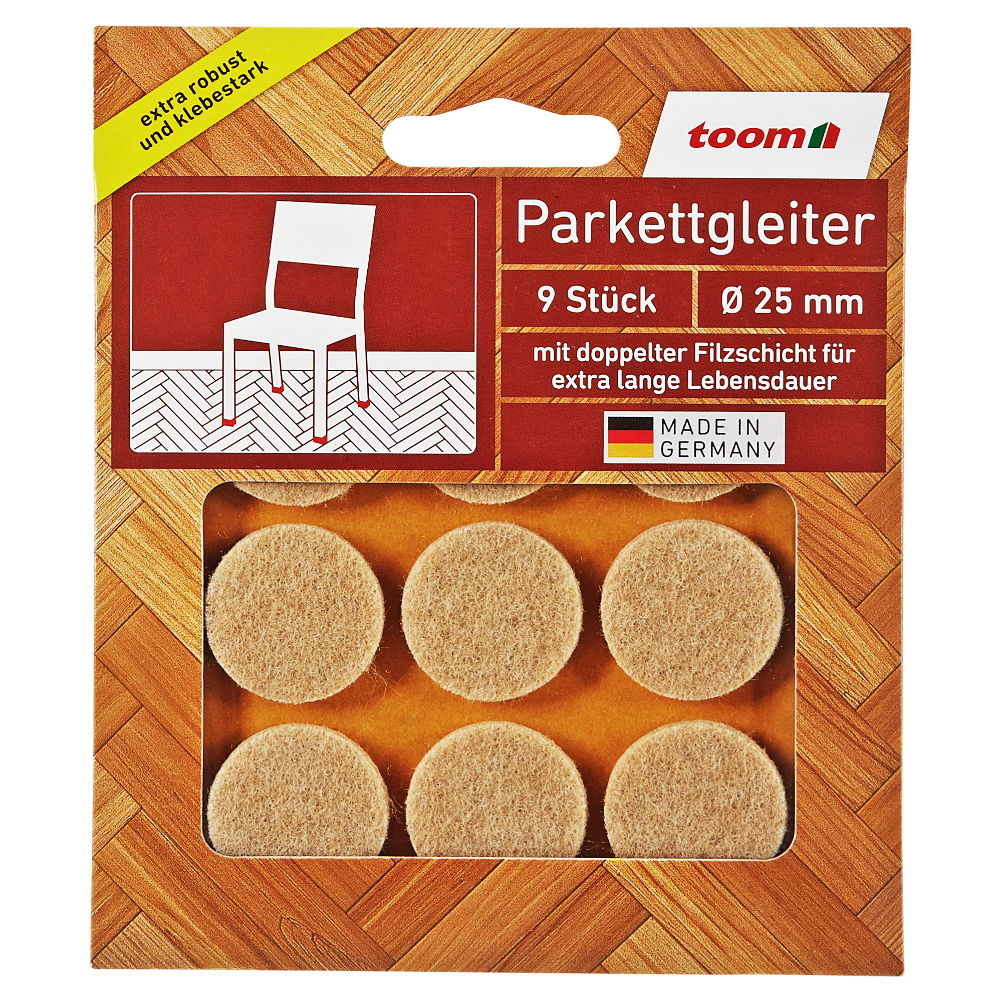 Neun selbstklebende Parkettgleiter aus Filz
