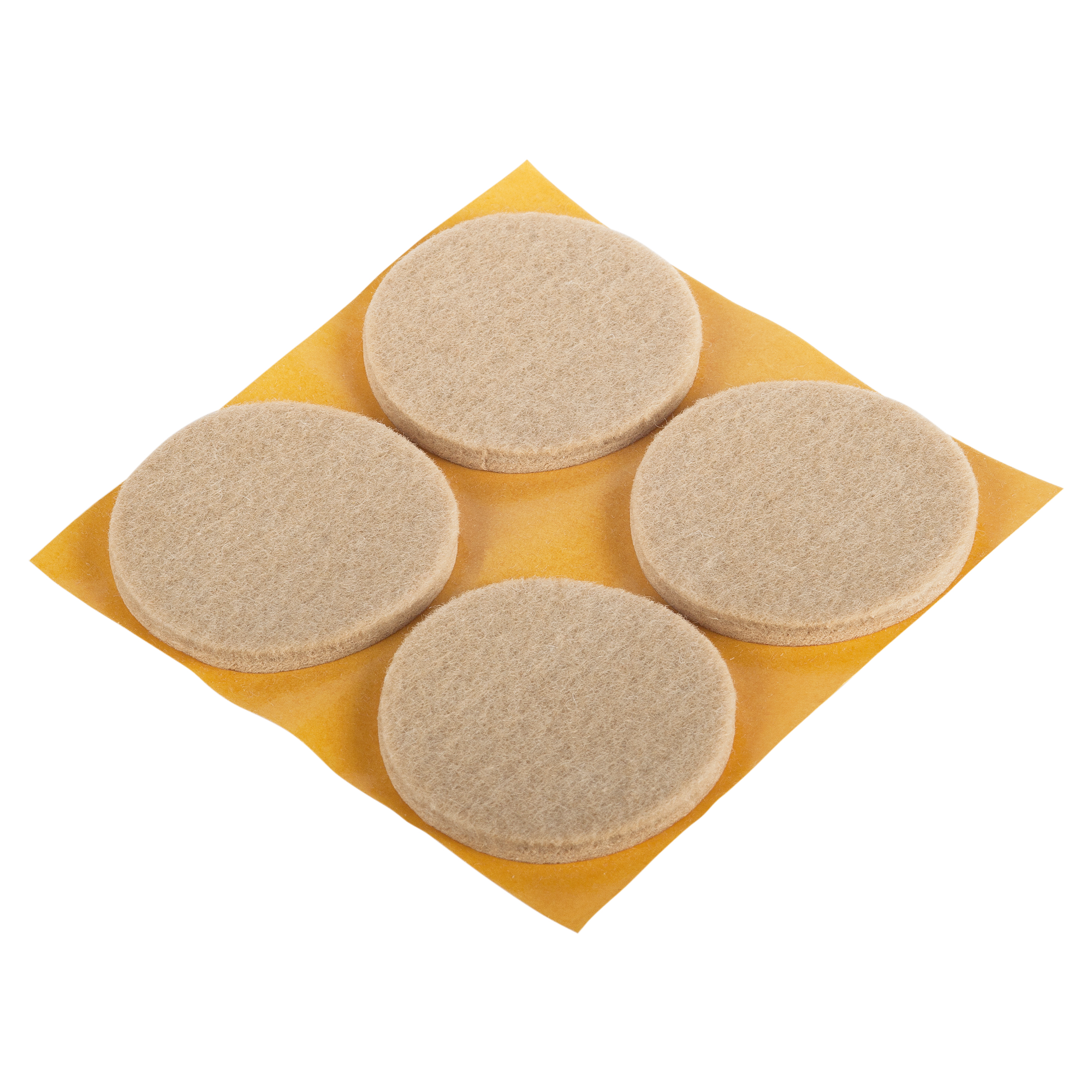 Vier selbstklebende Parkettgleiter auf gelber Folie