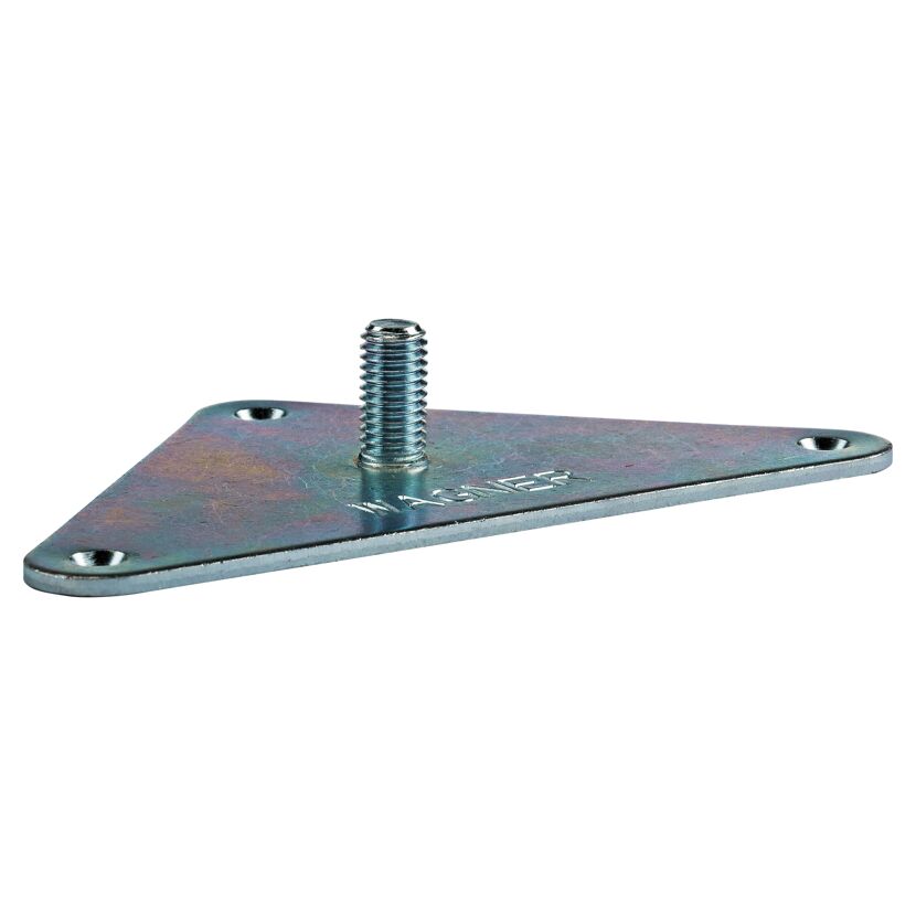 Metallische Anschraubplatte mit Gewindebolzen.