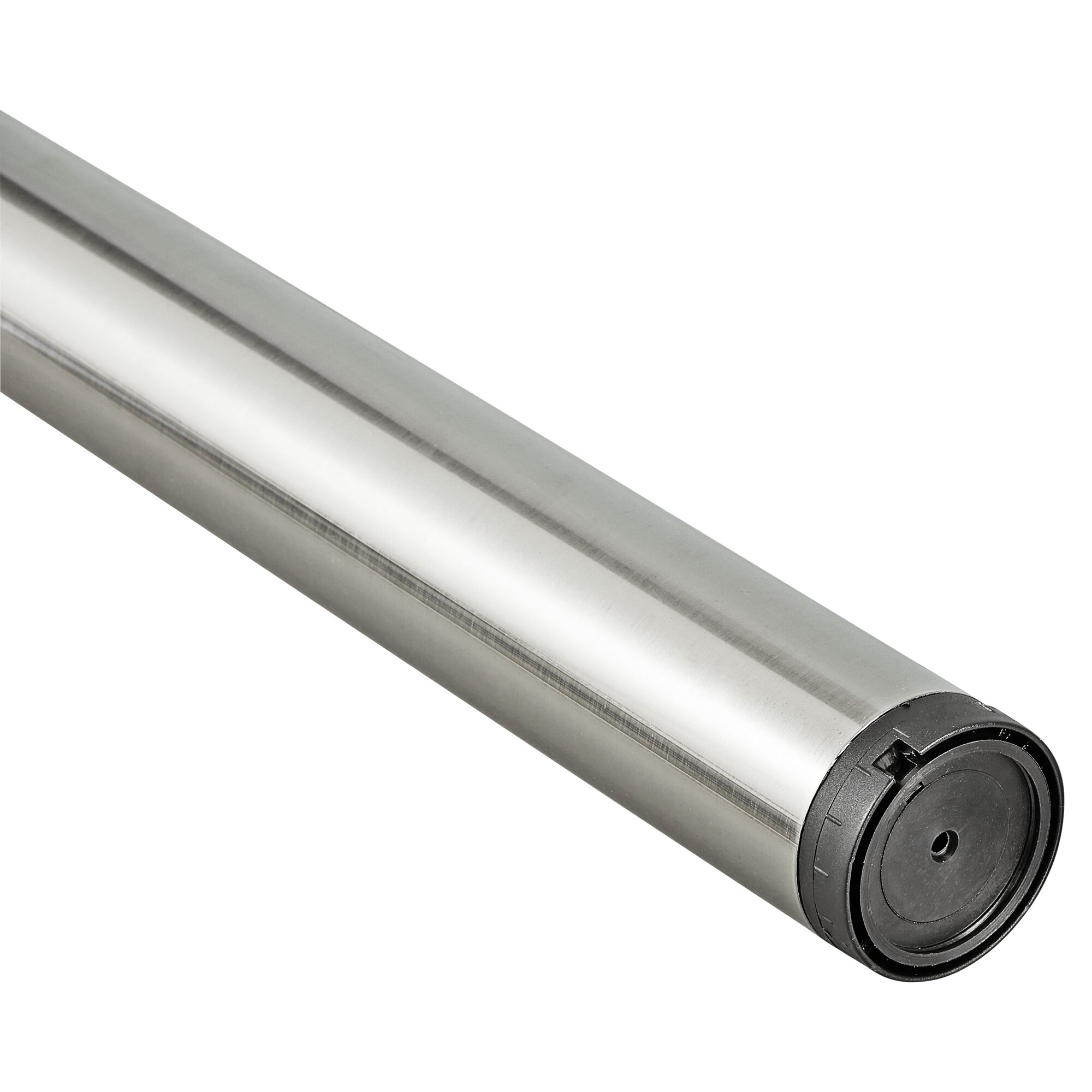 Nahaufnahme eines Tischbeins aus Edelstahl.