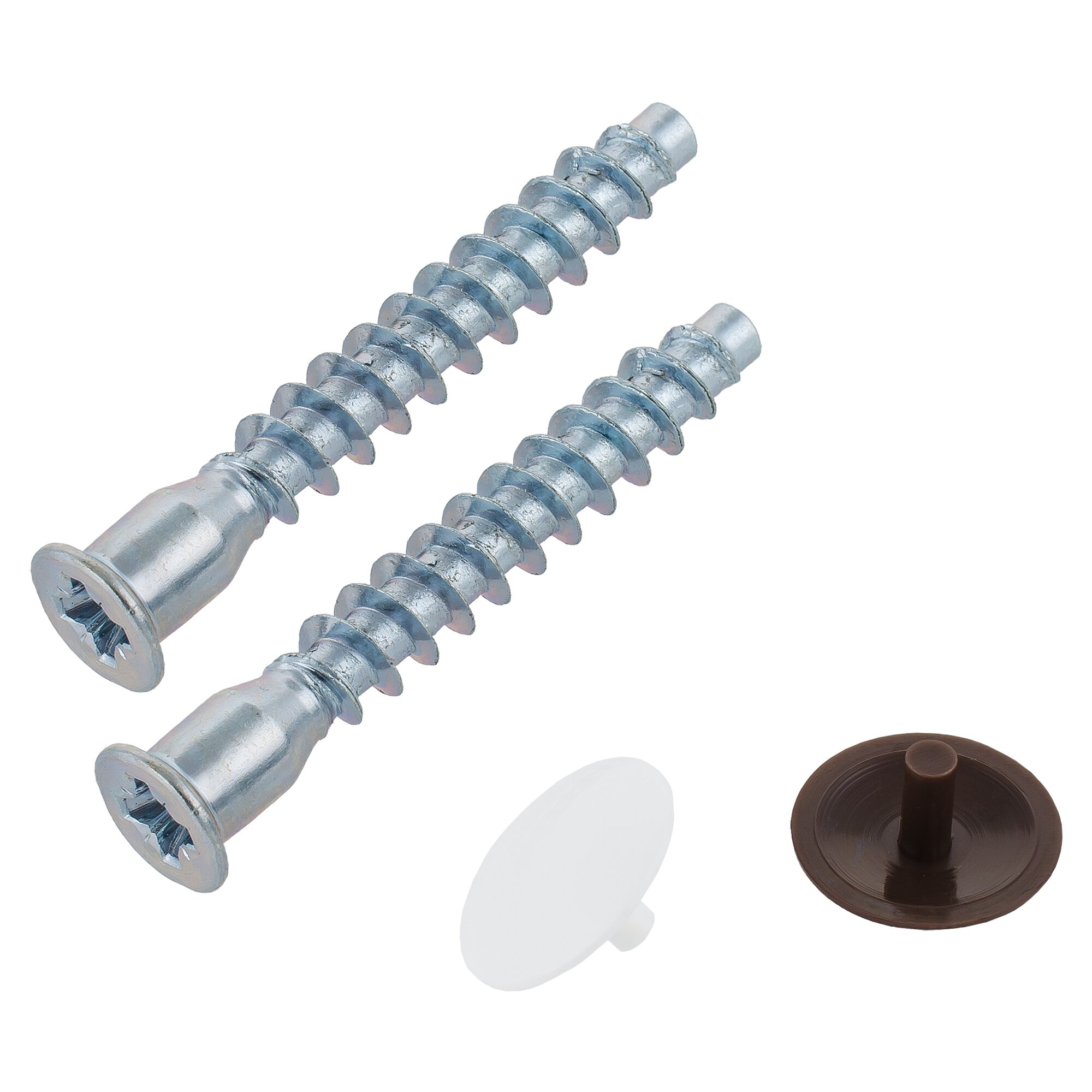 Zwei Verbindungsschrauben mit weißen und braunen Abdeckkappen