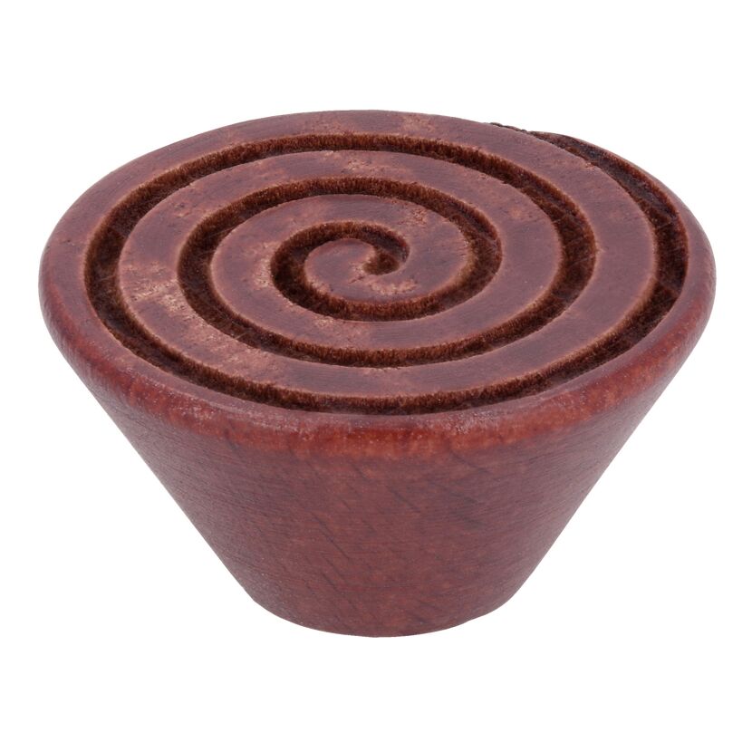Runder, rot lackierter Holzknopf mit Spiralmuster