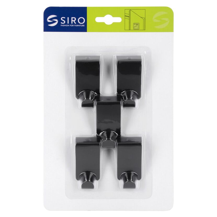 Vier schwarze Türgarderoben von Siro auf einer Blisterpackung.