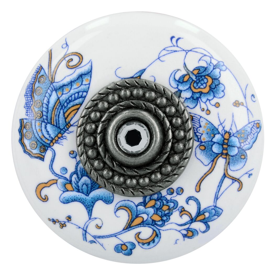 Runder Möbelknopf mit blau-goldenen Schmetterlingen und Blumen