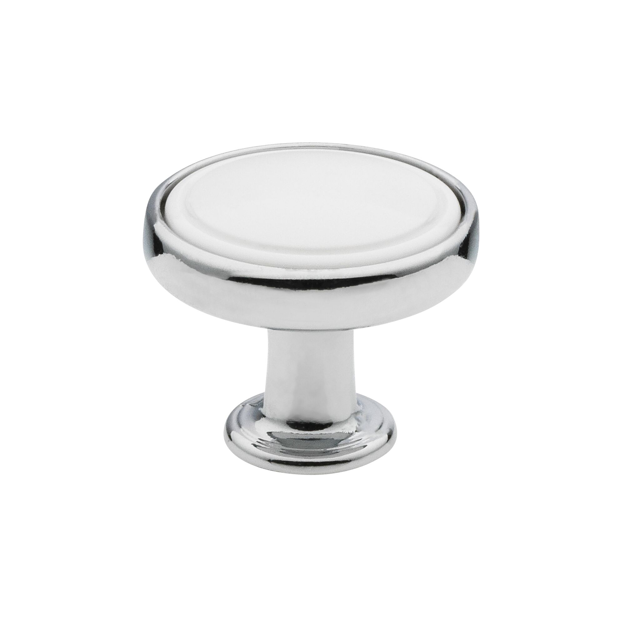 Weißer runder Möbelknopf mit Chromrand.