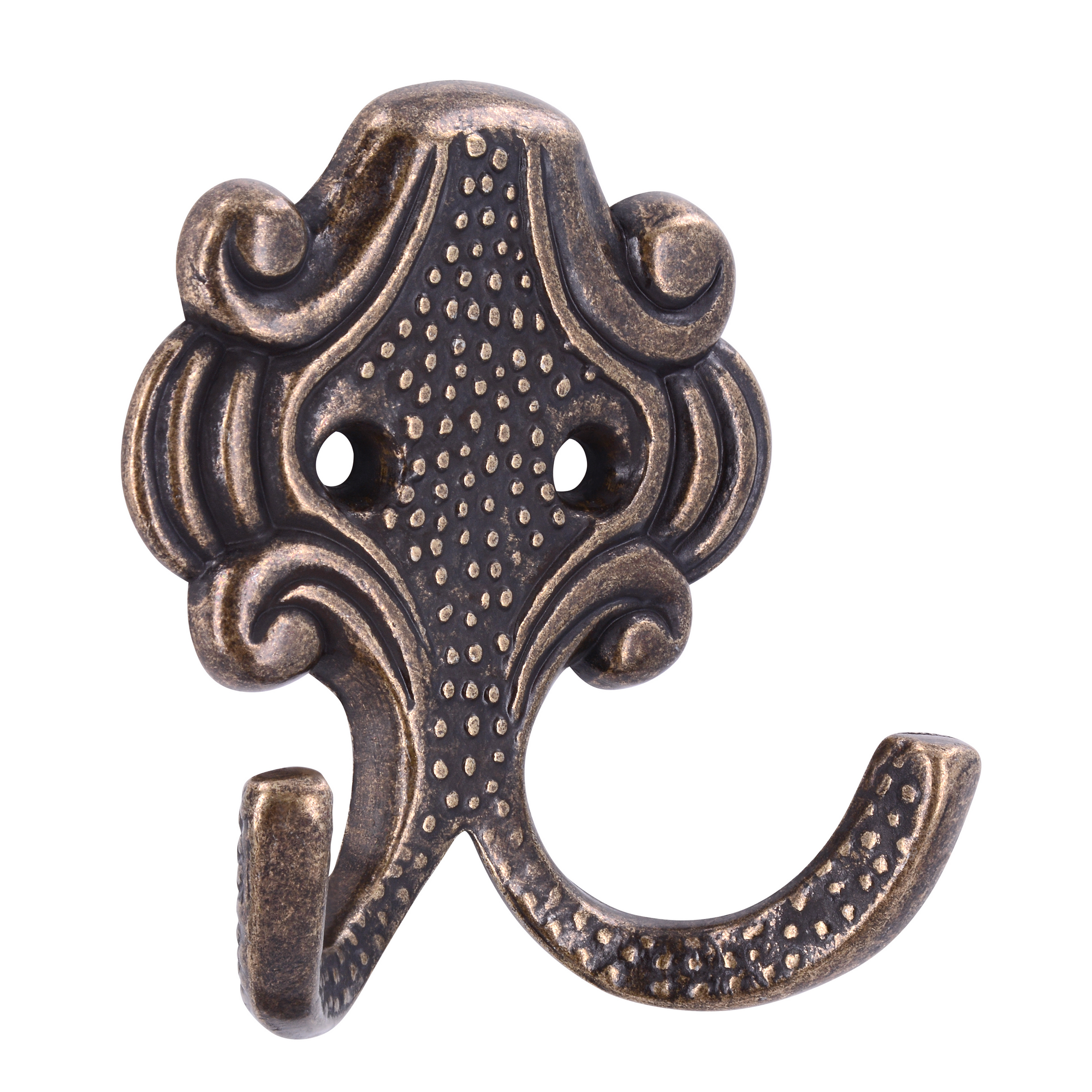Verzierter Doppelhaken aus Metall in Altbronze.