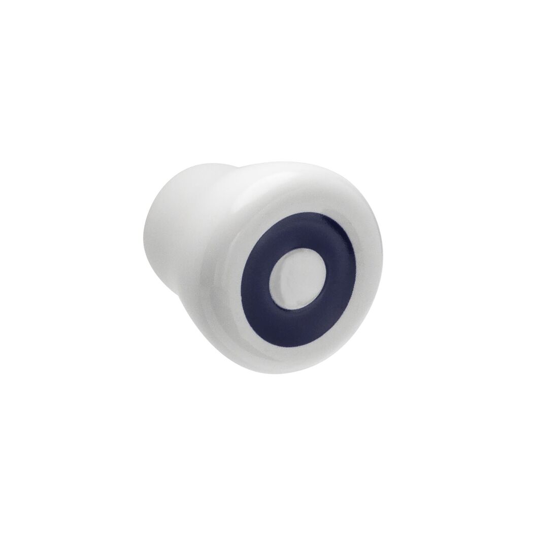 Weißer Möbelknopf mit dunkelblauem Ring.
