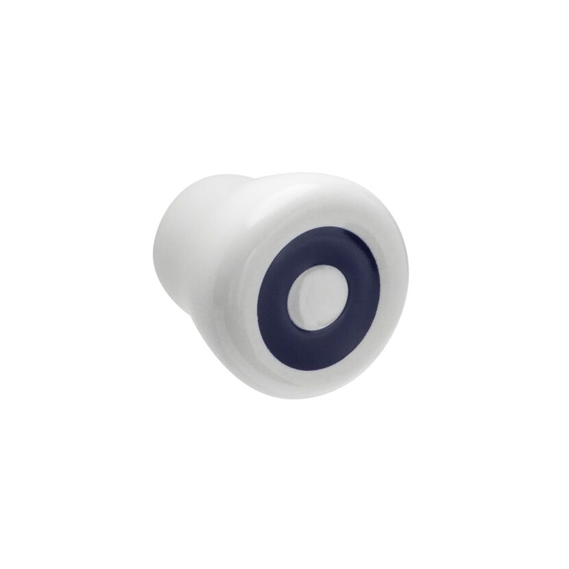 Weißer Möbelknopf mit dunkelblauem Ring.