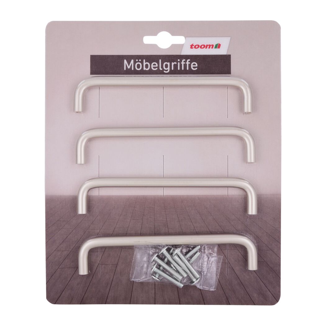 Vier Möbelgriffe in Matt-Vernickelt auf Verpackung
