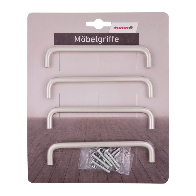 Vier Möbelgriffe in Matt-Vernickelt auf Verpackung
