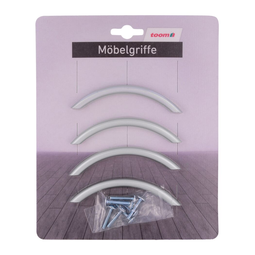 Drei silberne Möbelgriffe und Schrauben in Verpackung