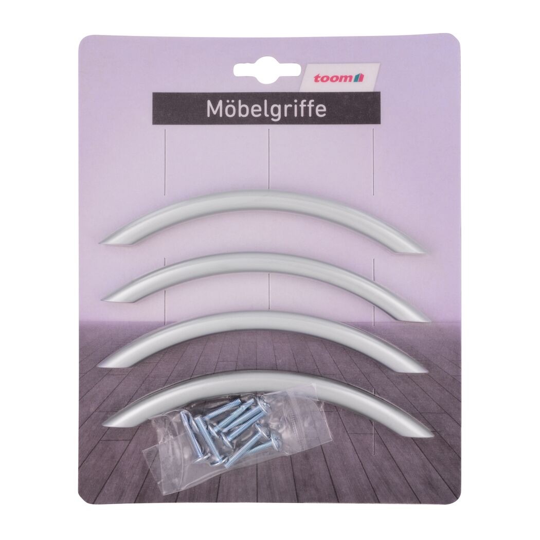 Drei silberne Möbelgriffe und Schrauben in Verpackung