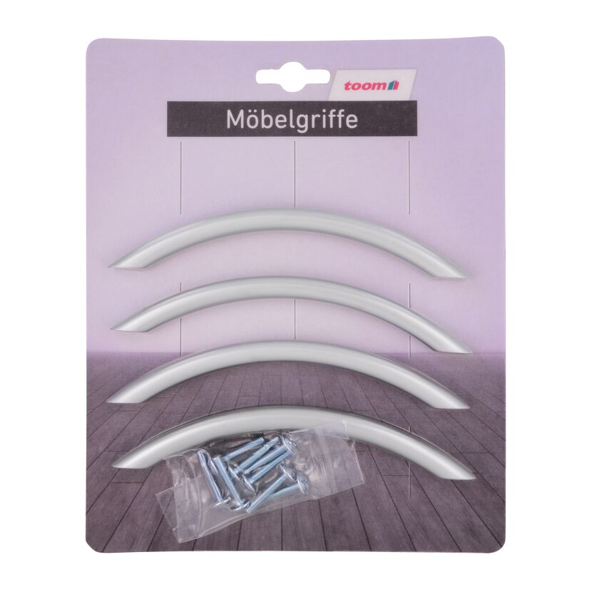 Drei silberne Möbelgriffe und Schrauben in Verpackung
