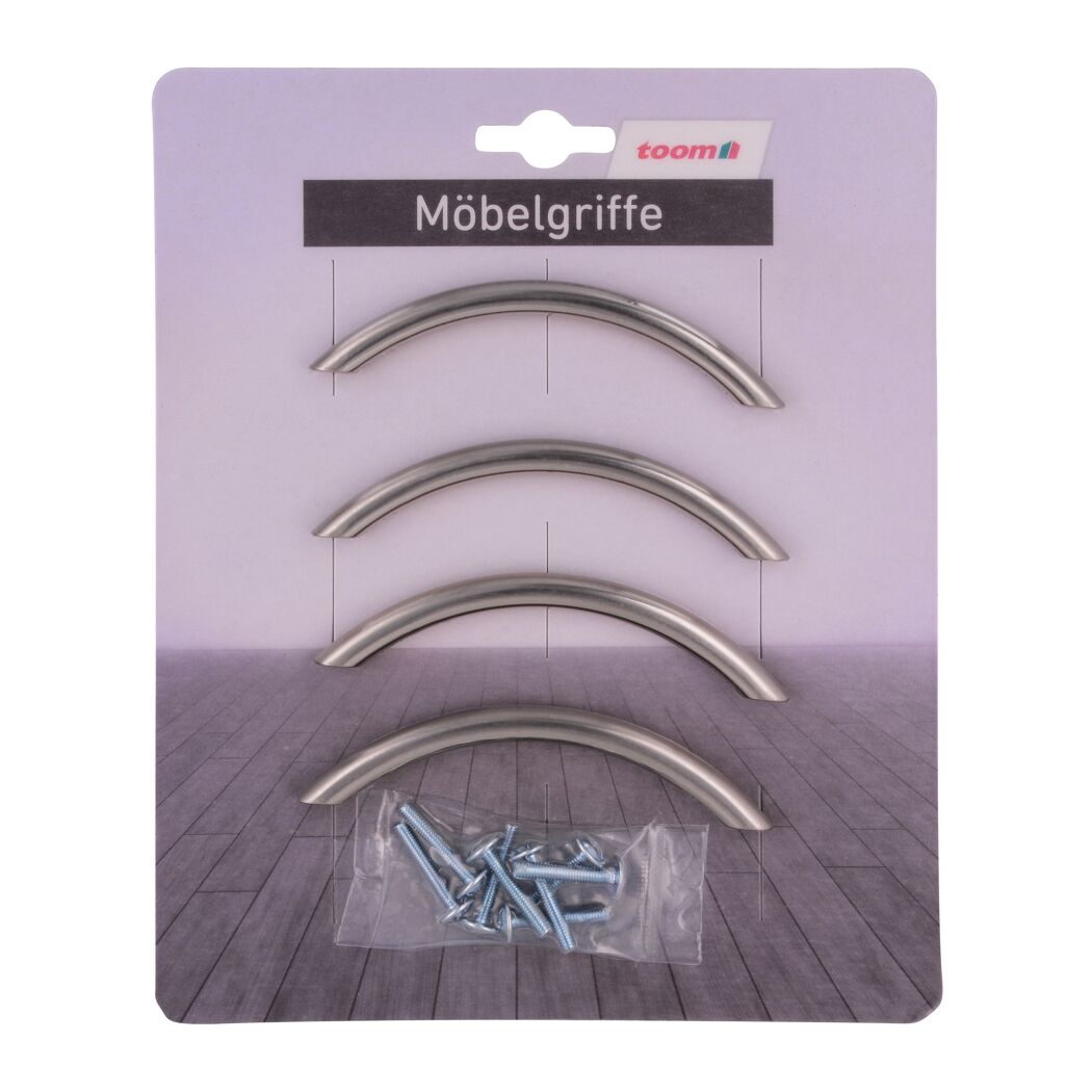 Drei vernickelte Möbelgriffe und Schrauben in Verpackung