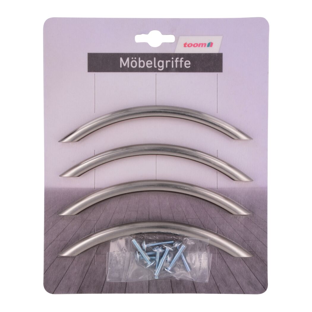 Drei silberne Möbelgriffe und Schrauben in Verpackung