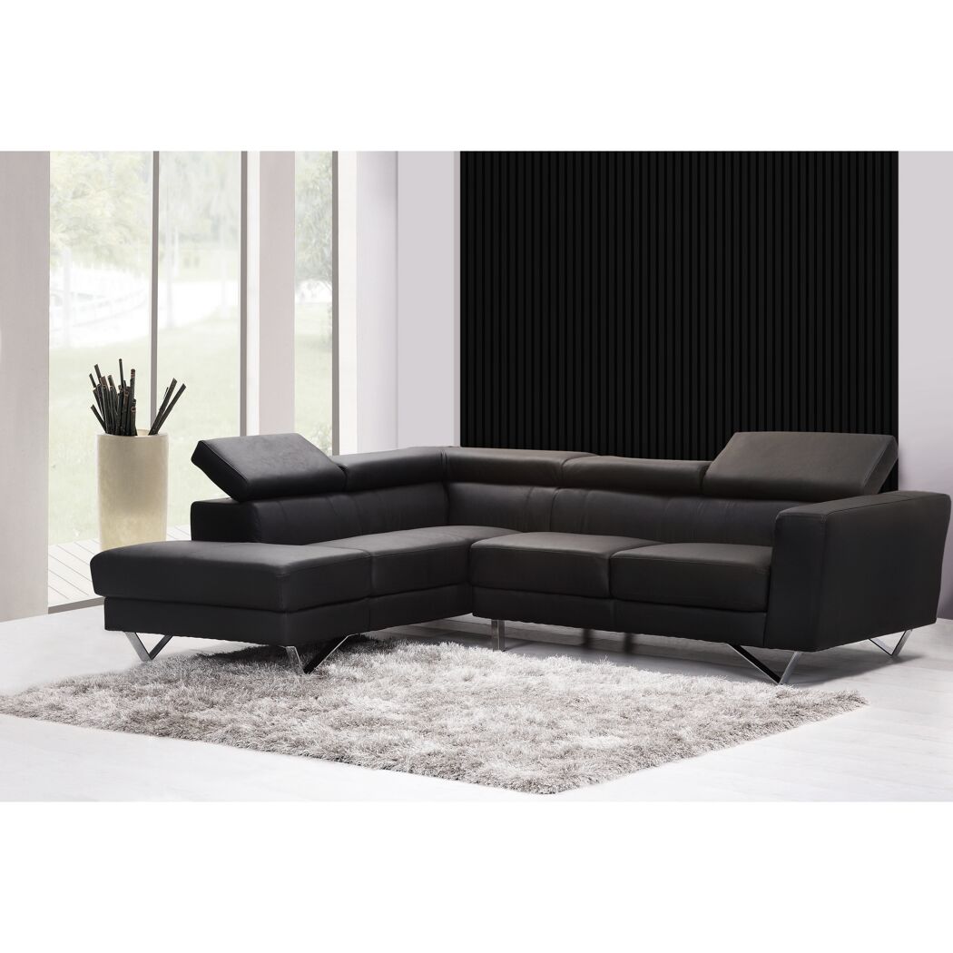 Schwarzes Ledersofa mit Ottomane und Metallfüßen