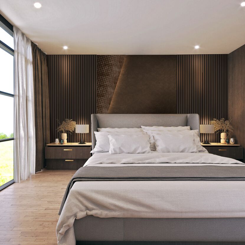 Modernes Schlafzimmer mit Holzwand