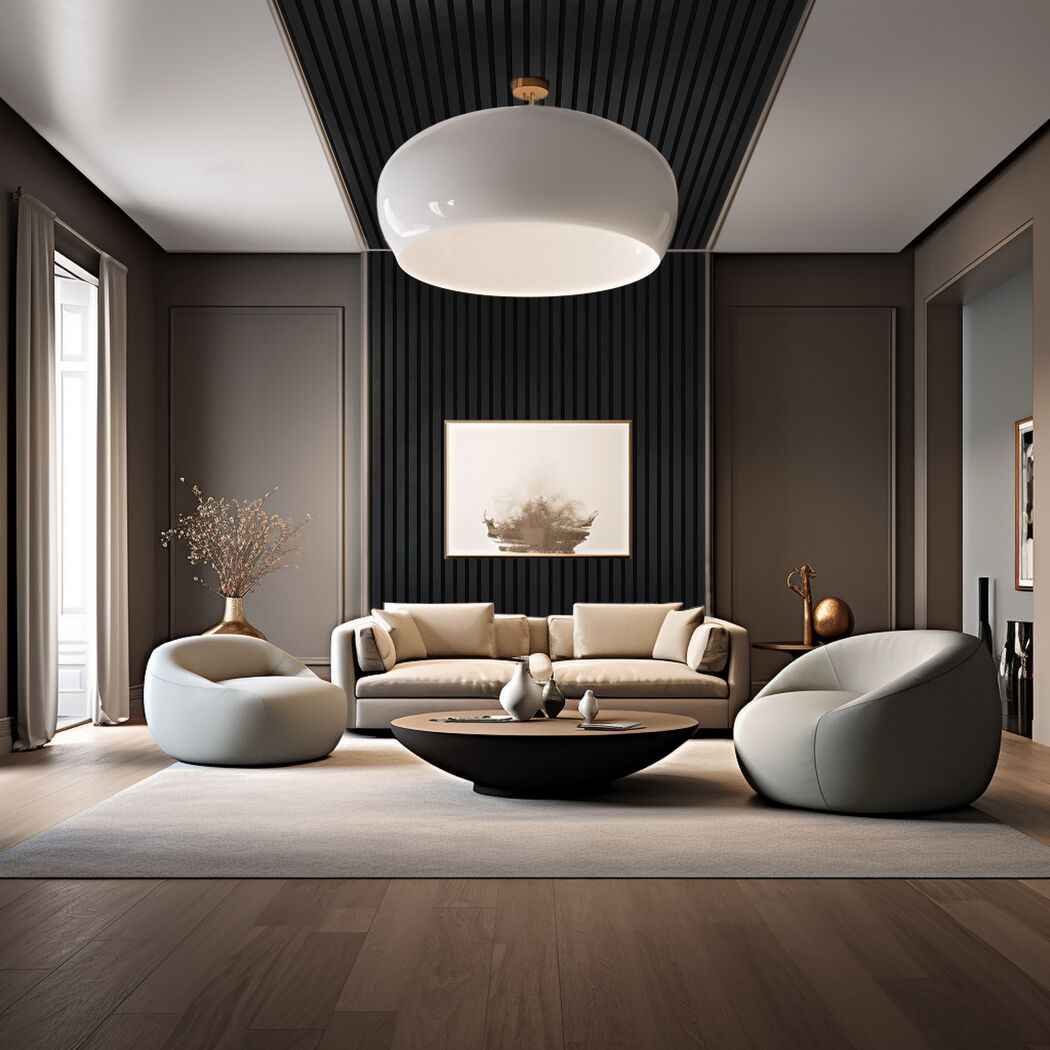 Modernes Wohnzimmer mit beigen Sofa und zwei Sesseln