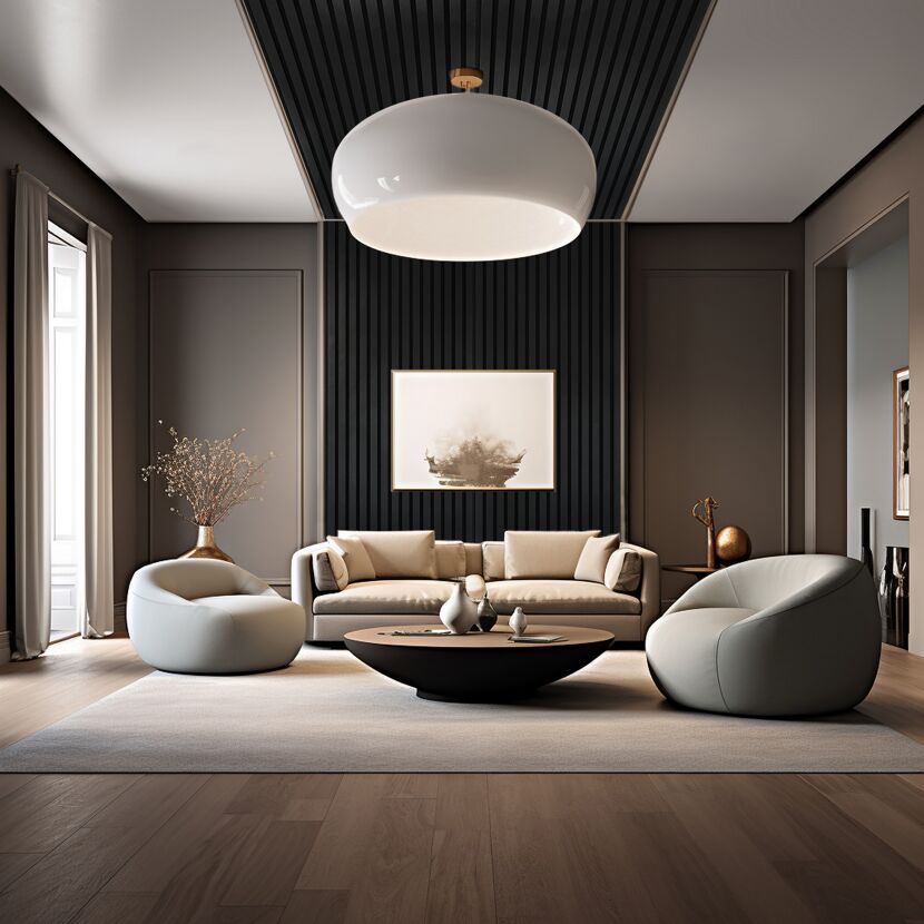 Modernes Wohnzimmer mit beigen Sofa und zwei Sesseln