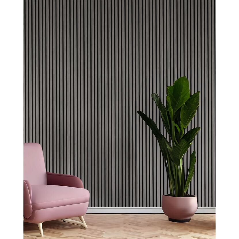 Graue Wandverkleidung, Pflanze, Sessel