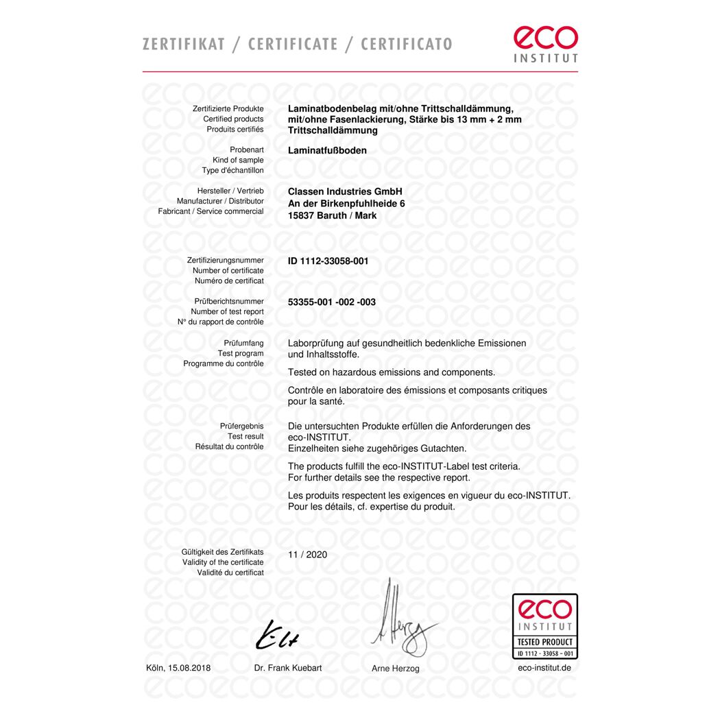 ECO-INSTITUT Zertifikat für Laminatfußboden