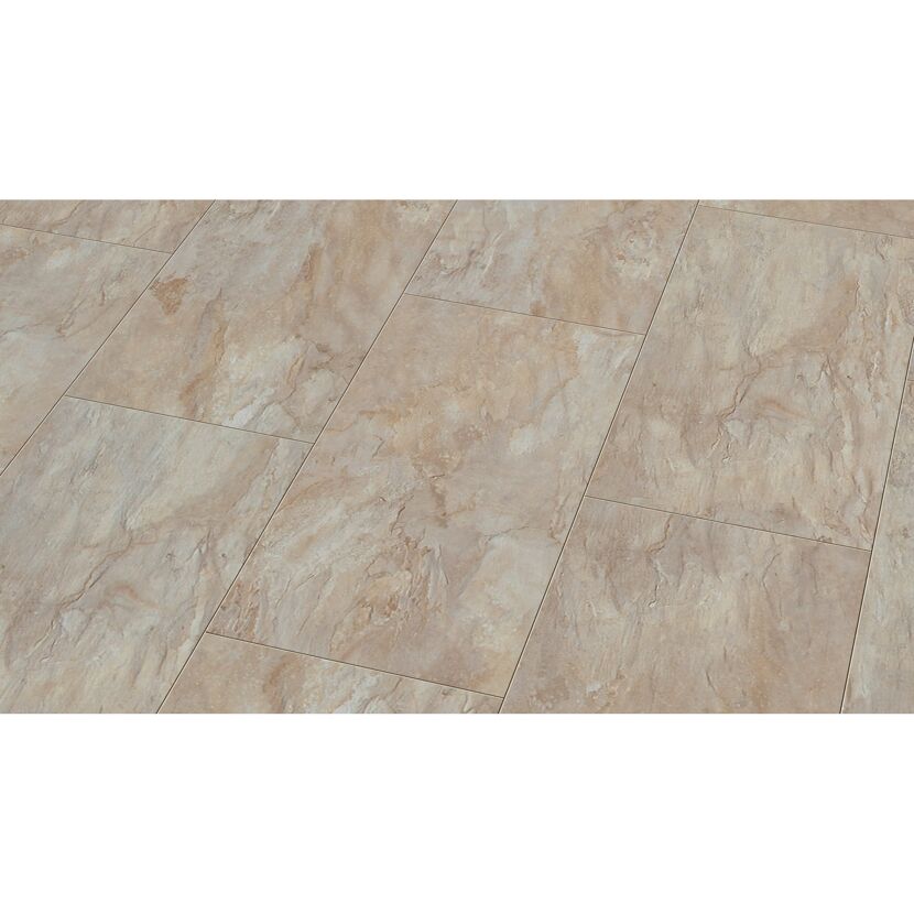 Beigefarbener Laminatboden in Fliesenoptik.