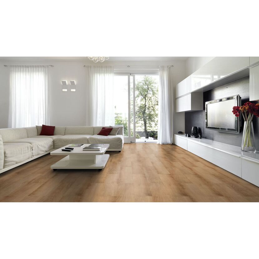 Wohnzimmer mit Laminatboden in Eiche Kandis