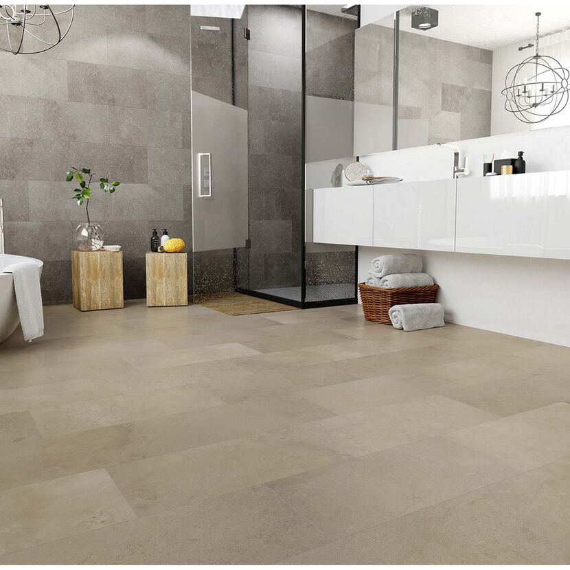 Modernes Badezimmer mit Designboden in Silbergrau