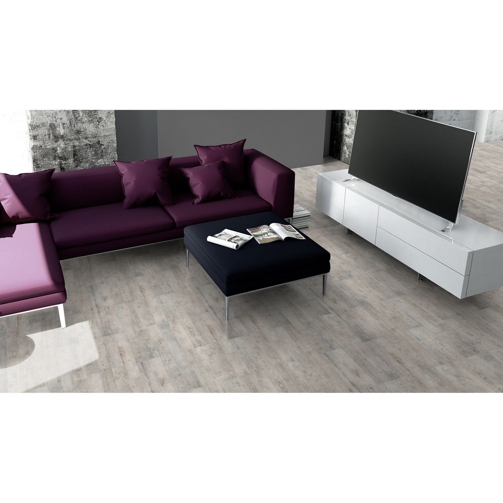 Wohnzimmer mit Laminatboden in Beton-Kiefer-Optik