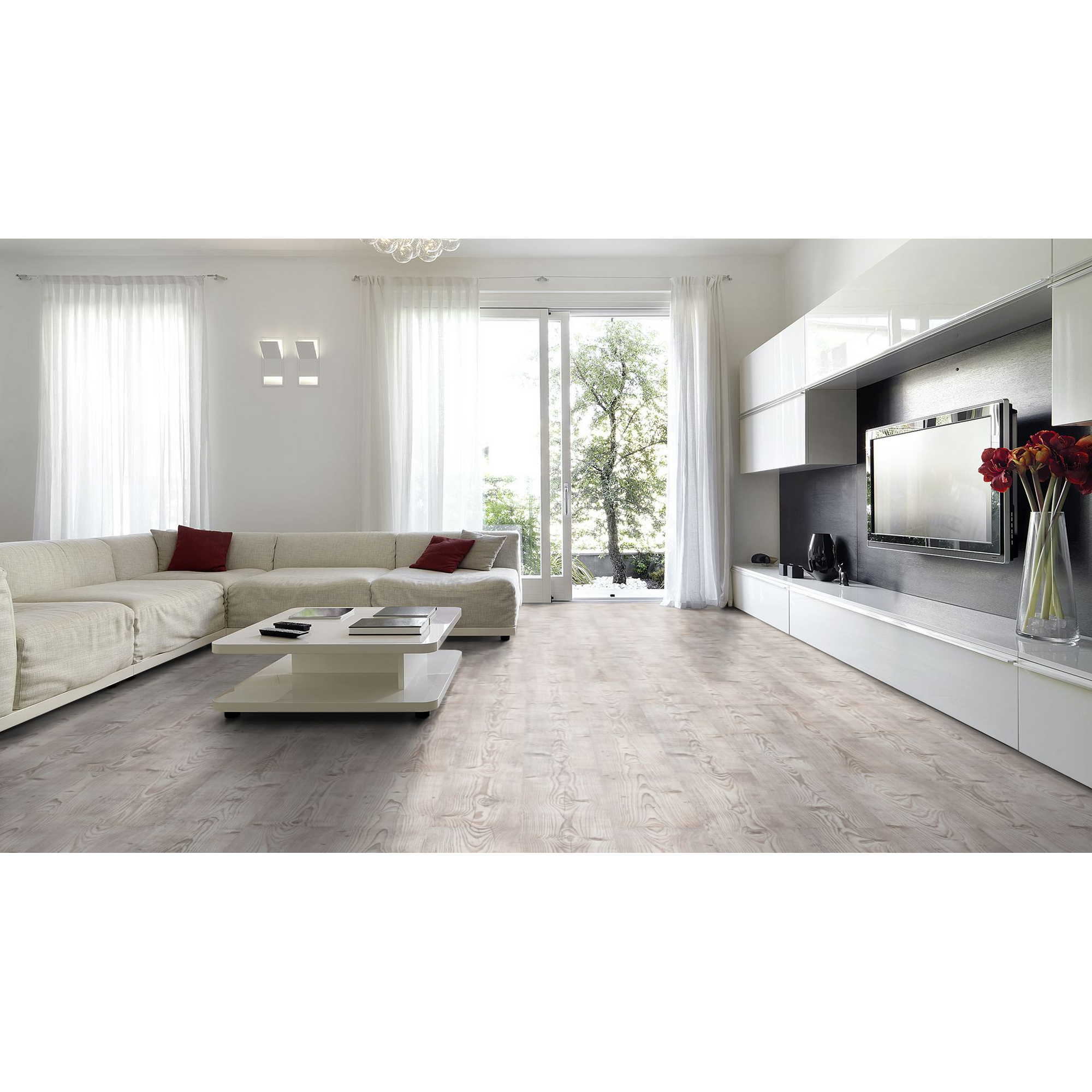 Wohnzimmer mit hellem Laminatboden
