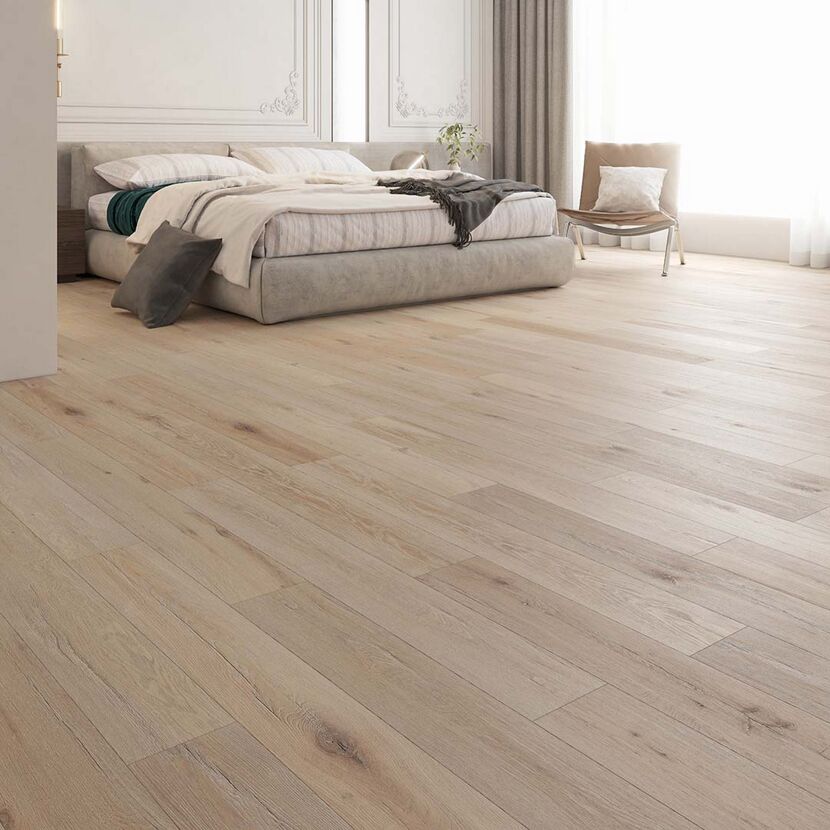 Helles Laminat Neo Tanned Oak in Schlafzimmer