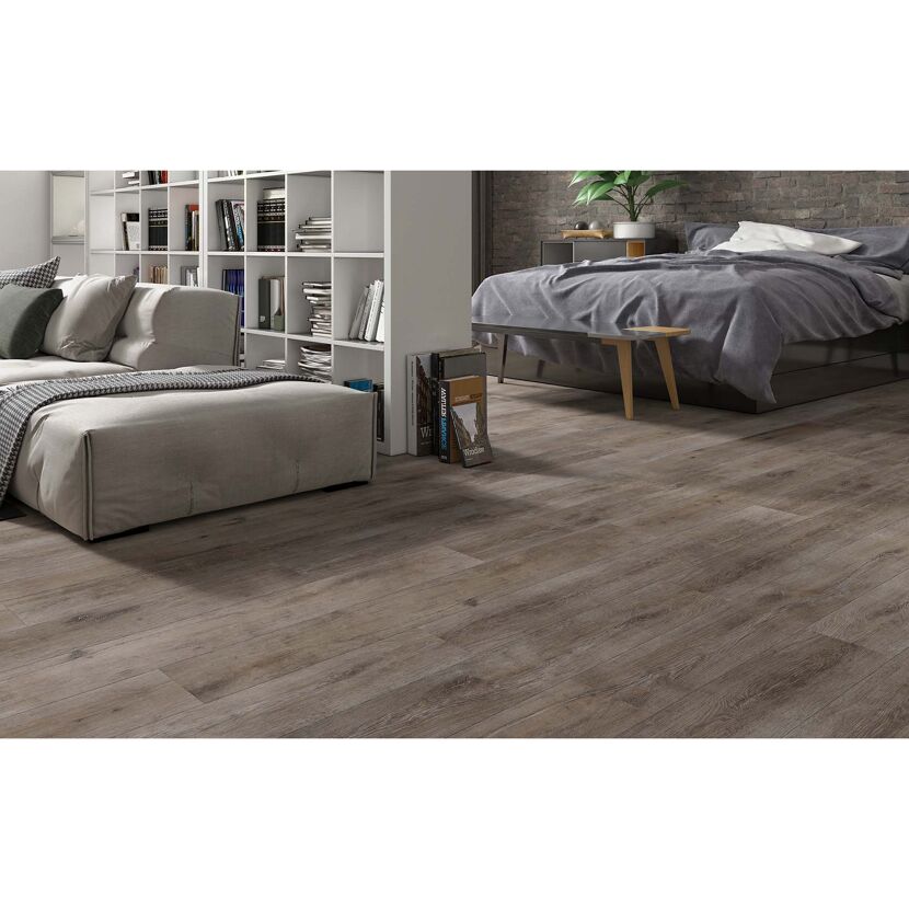 Laminatboden Neo Brownshaded in einem Schlafzimmer.