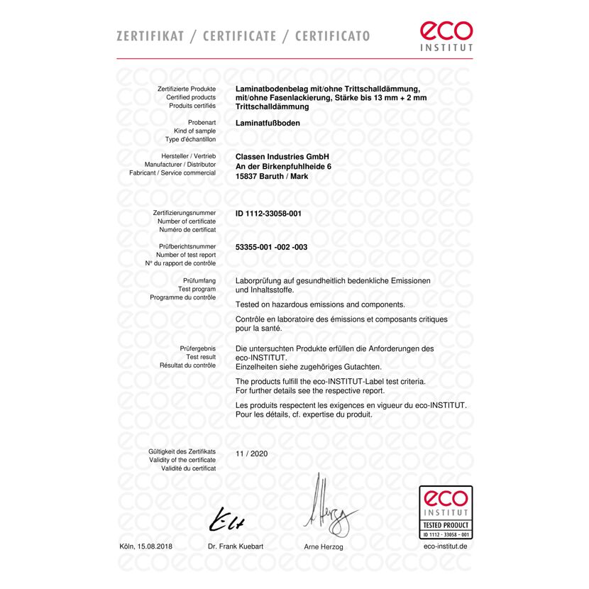 ECO-INSTITUT Zertifikat für Laminatfußboden
