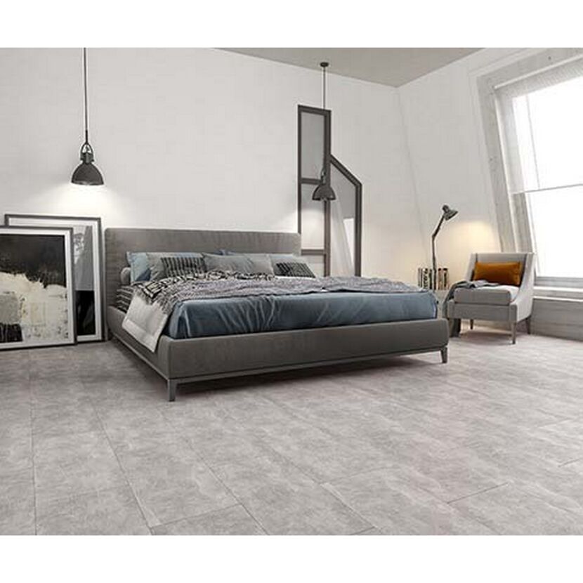 Schlafzimmer mit grauem Sichtestrich