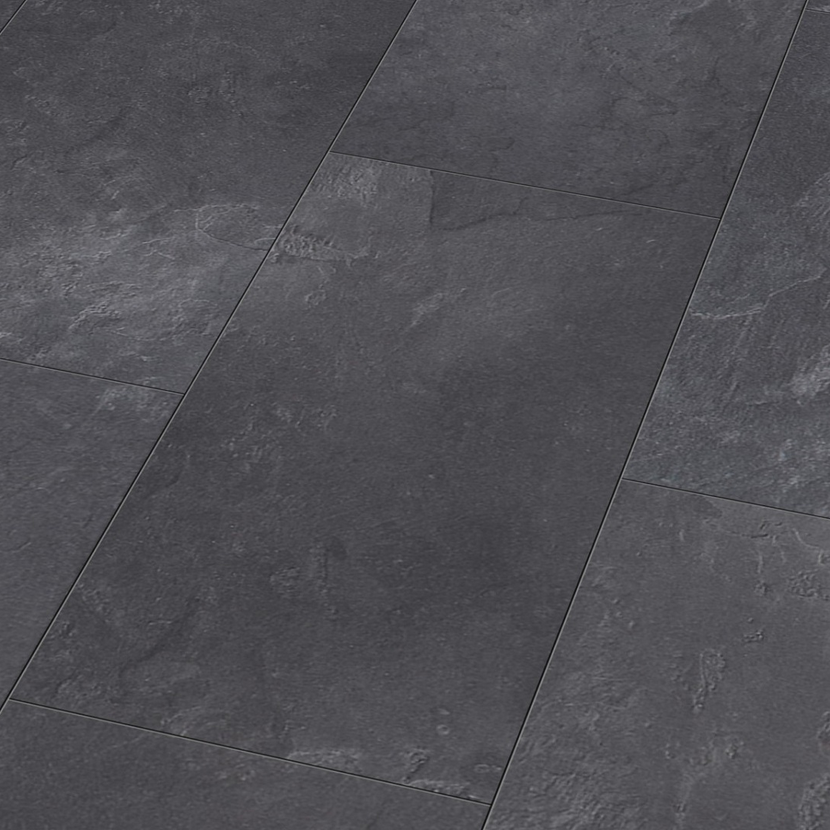 Dunkelgrauer Laminatboden in Fliesenoptik