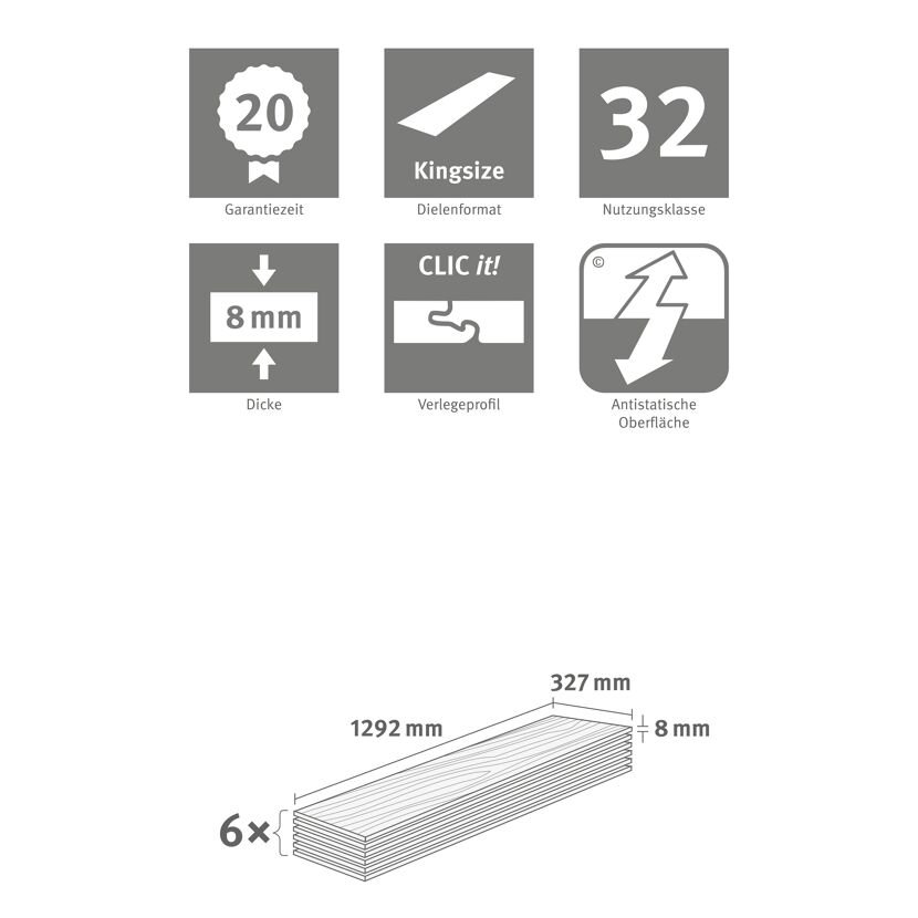 Laminat Kingsize Eiche hell, 8 mm stark, 1292 x 327 mm