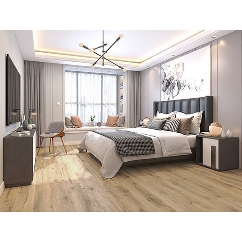 Schlafzimmer mit hellem Laminatboden