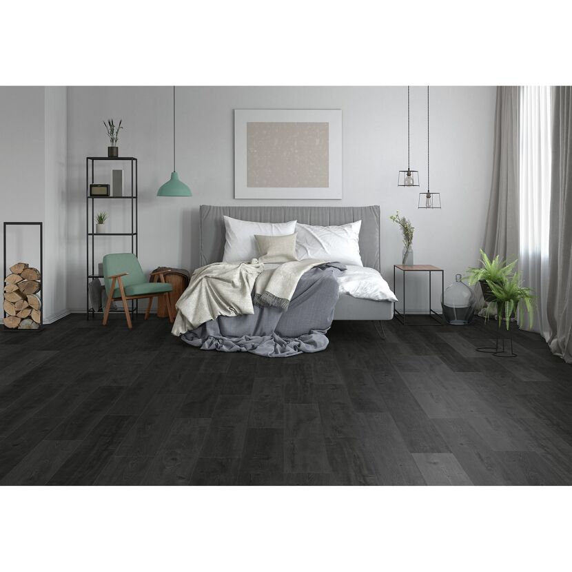 Schlafzimmer mit Laminat in Eiche Schwarz