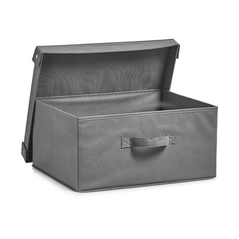 Graue Stoff-Aufbewahrungsbox mit Deckel geöffnet