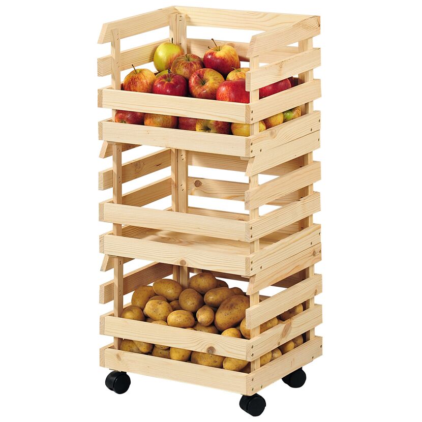 Rollbarer Holzständer mit Äpfeln und Kartoffeln