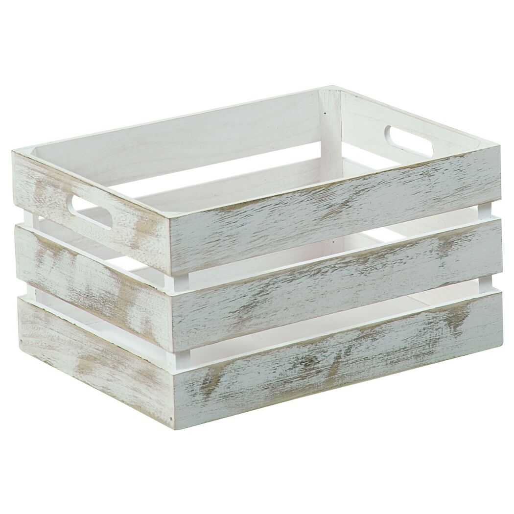Weiße Holzkiste im Used-Look.