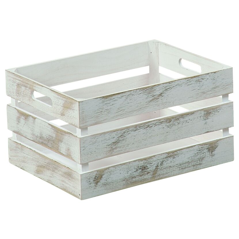 Weiße Holzkiste im Used-Look.