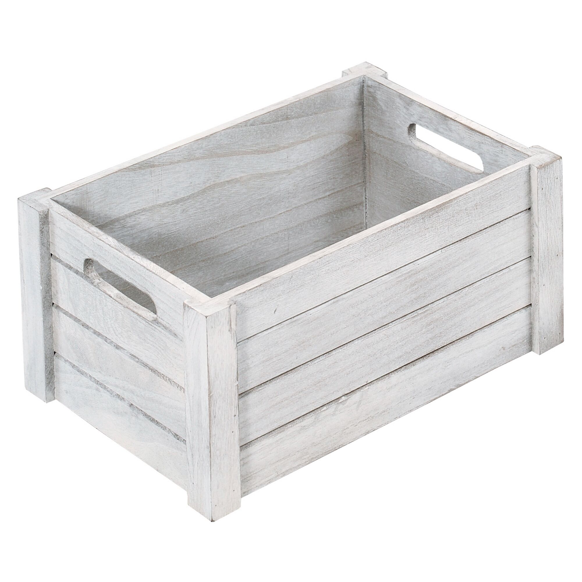 Weiße Holzkiste mit Griffen.