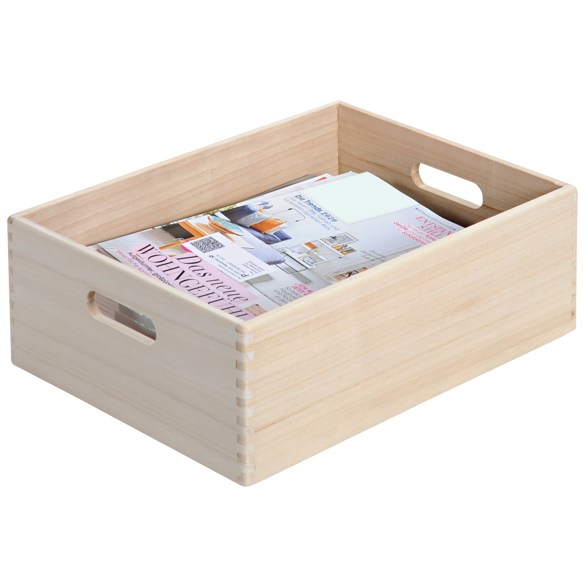 Helle Holzkiste mit Zeitschriften