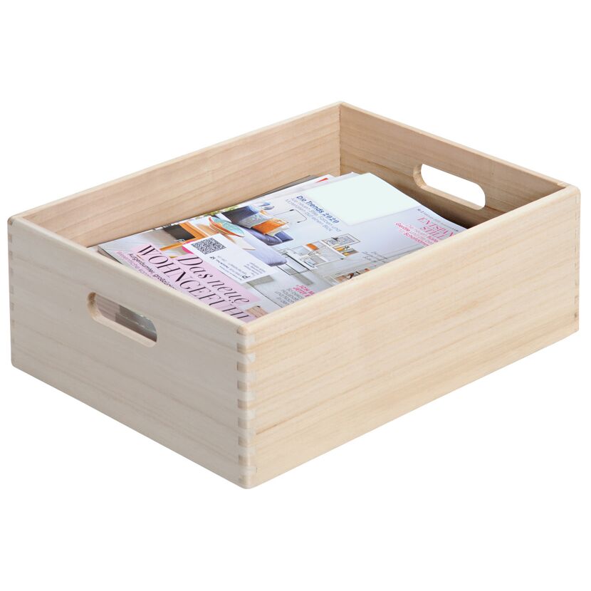 Helle Holzkiste mit Zeitschriften