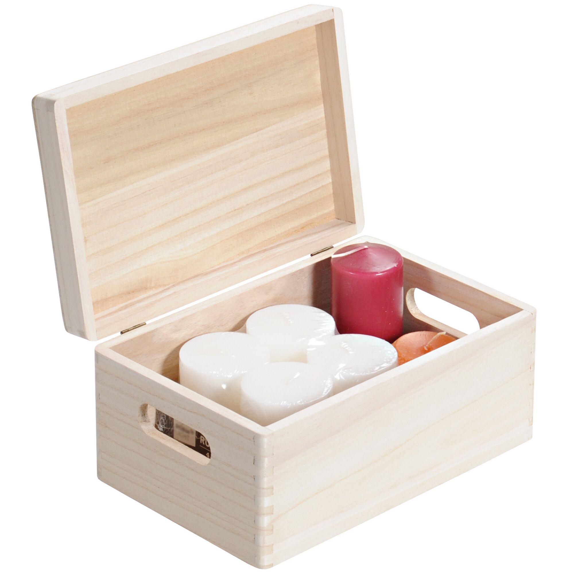 Offene Holzkiste mit Kerzen