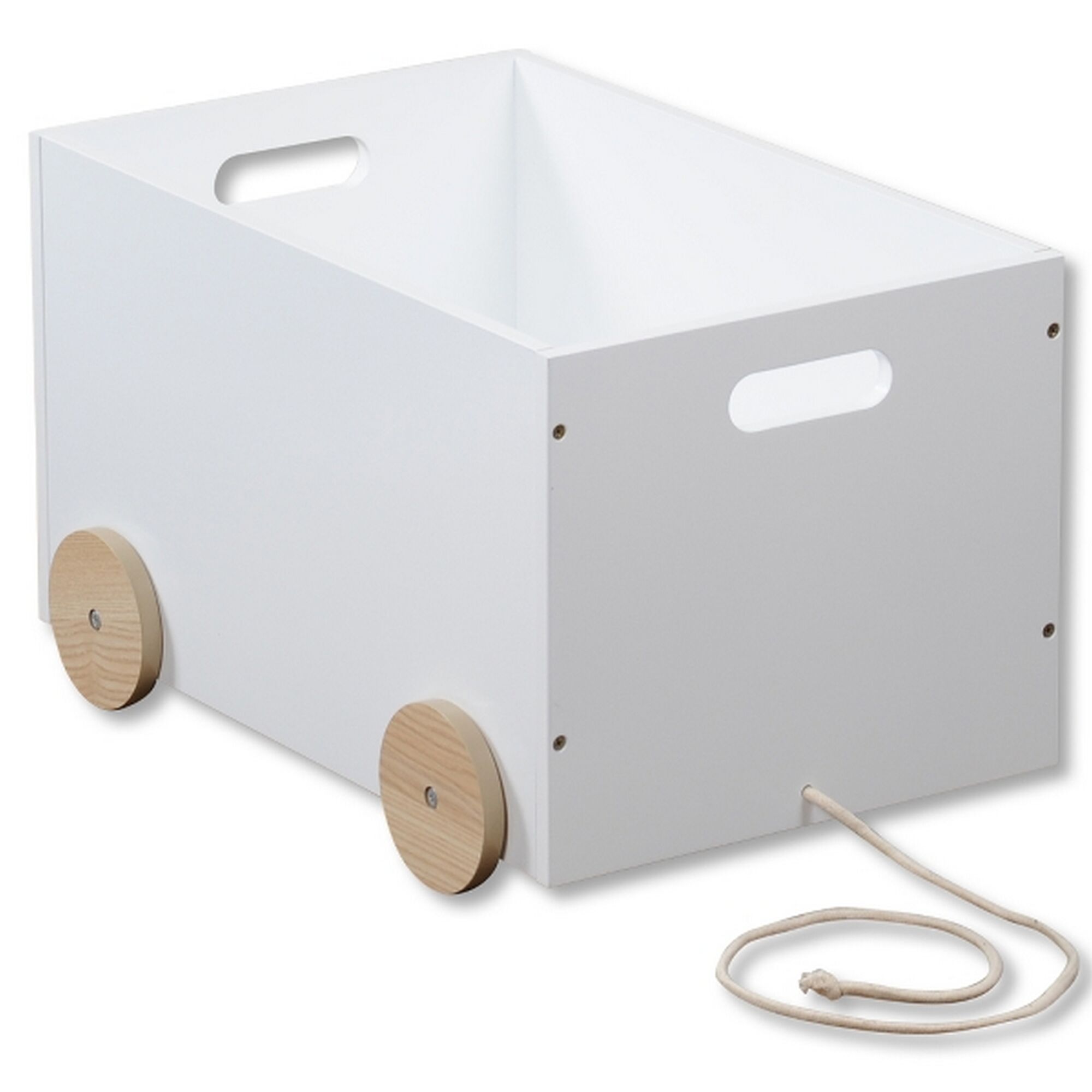Weiße Spielzeugkiste mit Rollen und Zugschnur