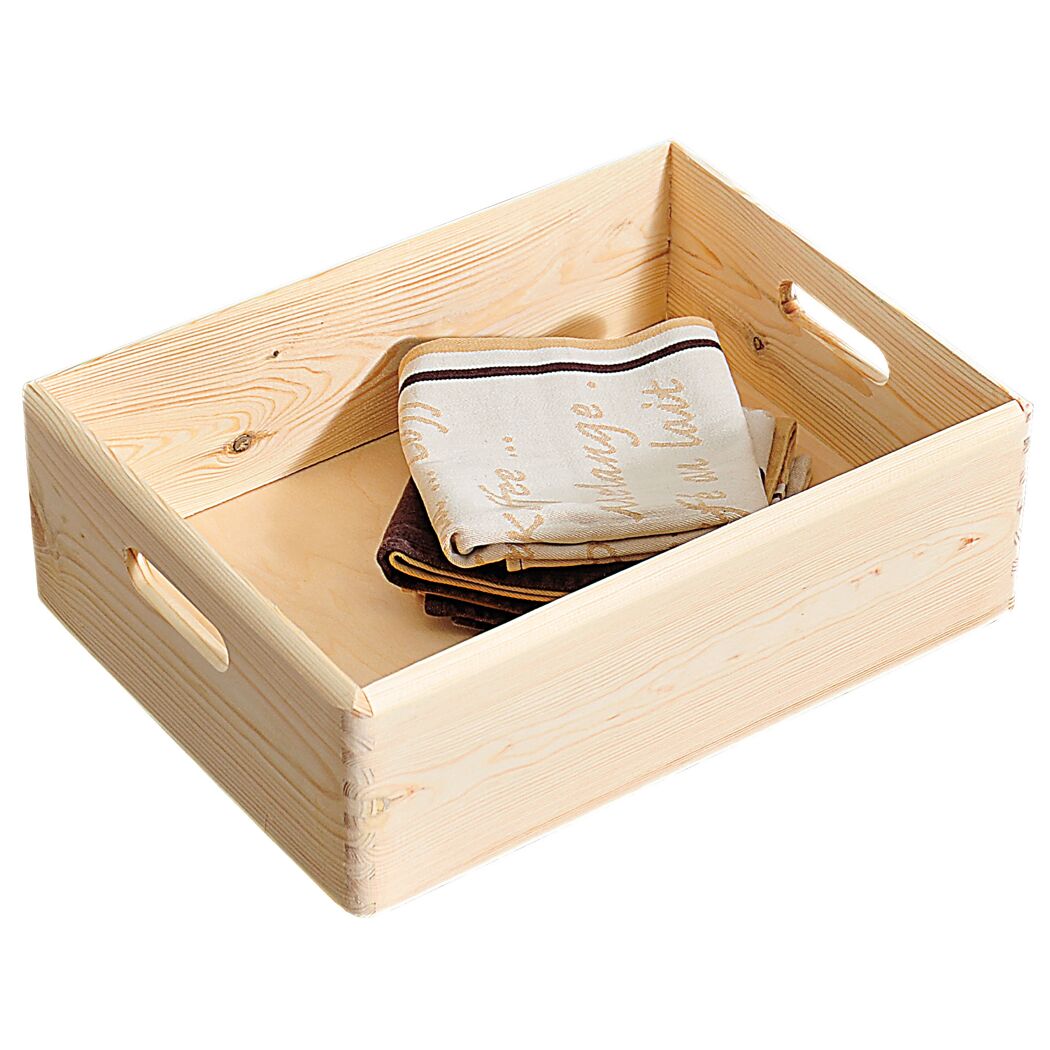 Holzkiste mit Geschirrtuch