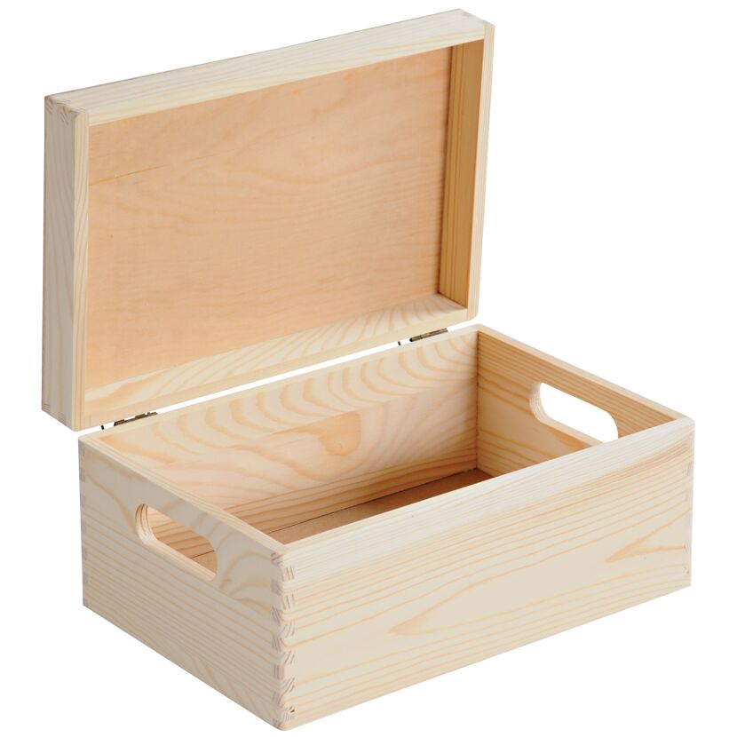 Offene Holzkiste mit Tragegriffen