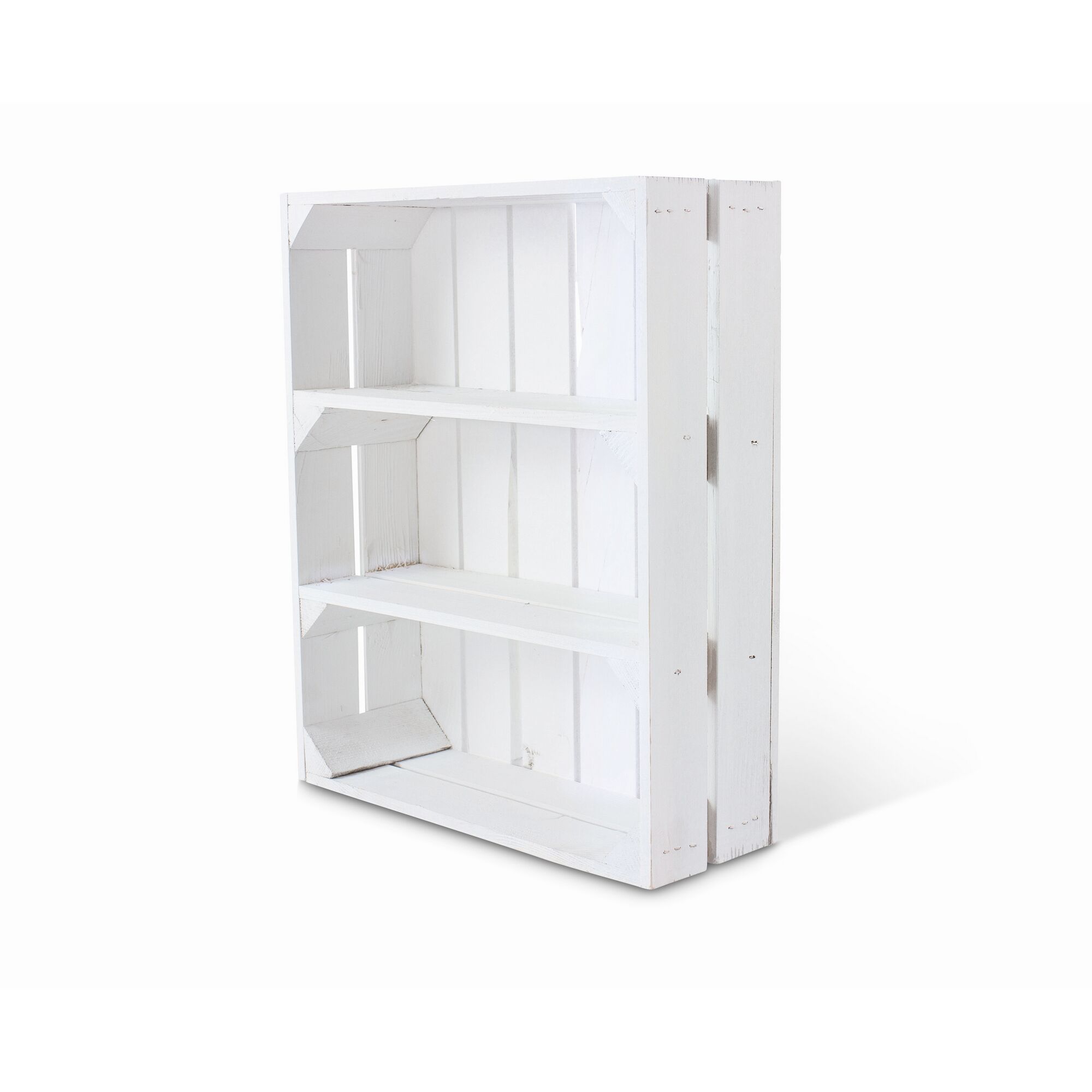 Weißes Holzregal mit drei Böden.